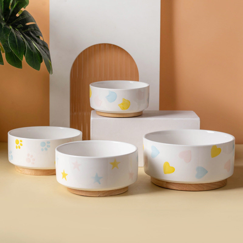 Ceramics Dog Bowl with Wood Ma - Baby Food Cat 评论和价格